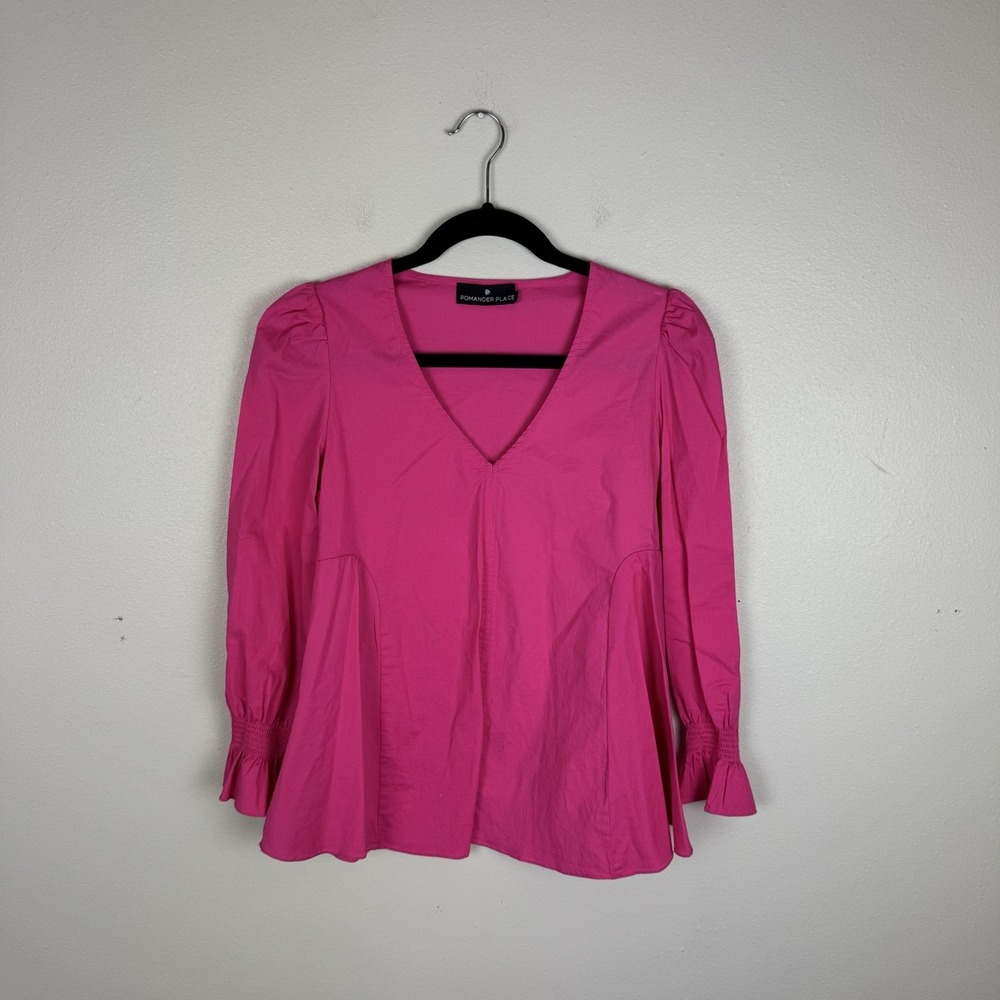 Pomander Place Easton Swing V Neck Top Womens S Pink Smocked Cuff Tuckernuck